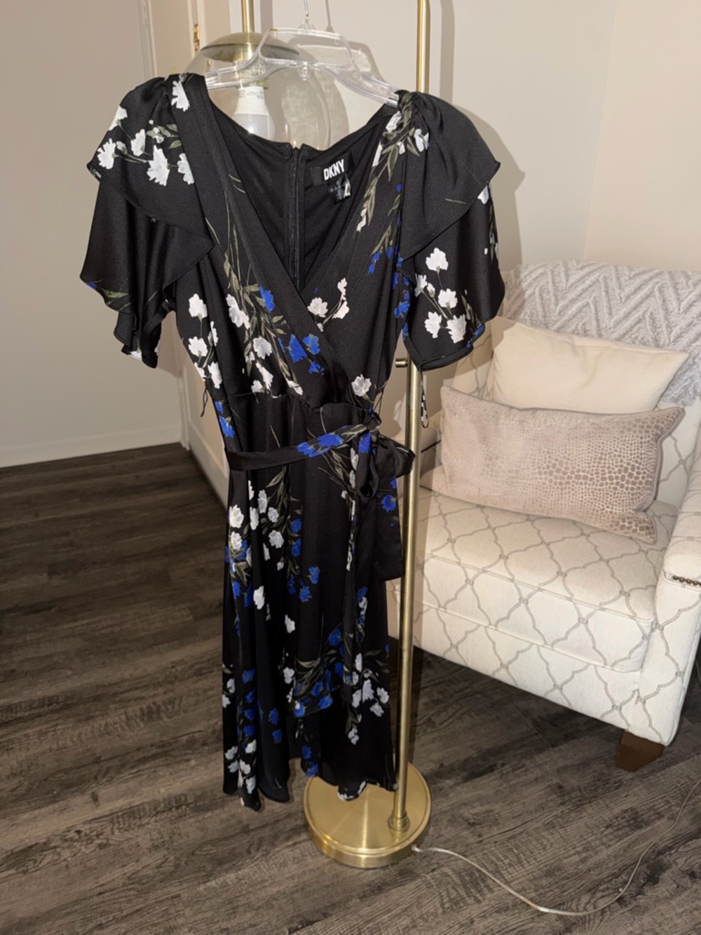 DKNY Black Floral Midi Wrap Dress with Blue & White Blossoms